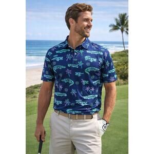Chubbies Polo Shirt Large Navy Alligator Palm Tree Print NWT Stretch Beachy